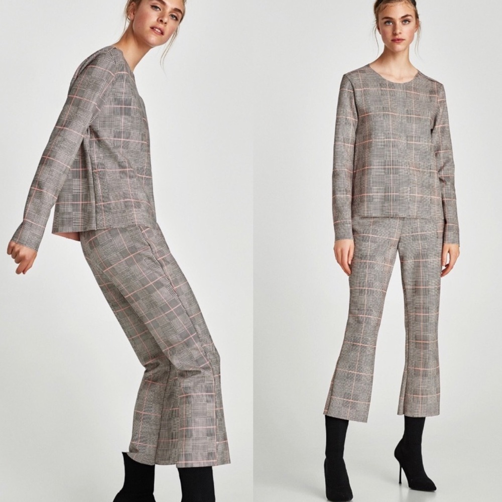 ZARA Glenn Matching Set Top+Thousers Flare Leg Plaid Checked Suede 2Pc Size S